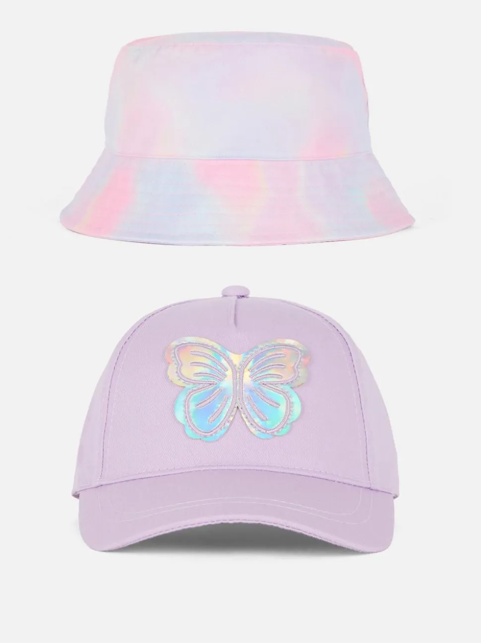 Czapka z motylem i kapelusz wędkarski we wzór ombré
