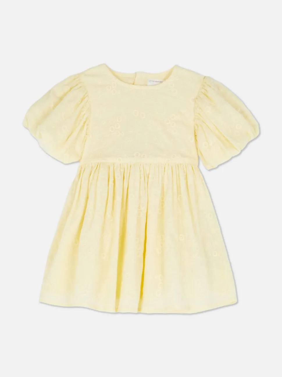 Haftowana sukienka z bufiastymi rękawami i falbanką