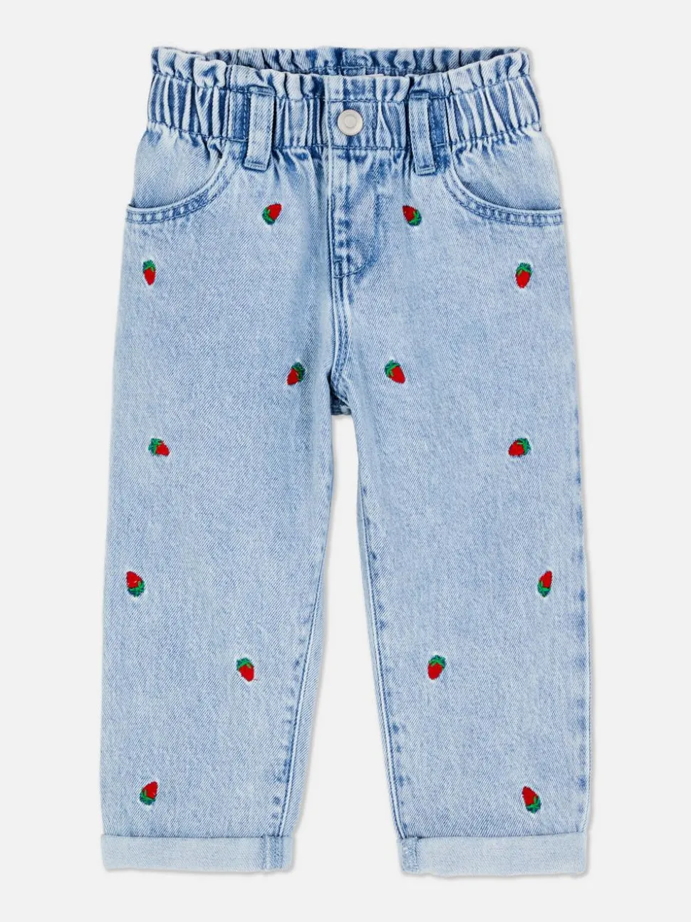 Jeansy z haftem w truskawki