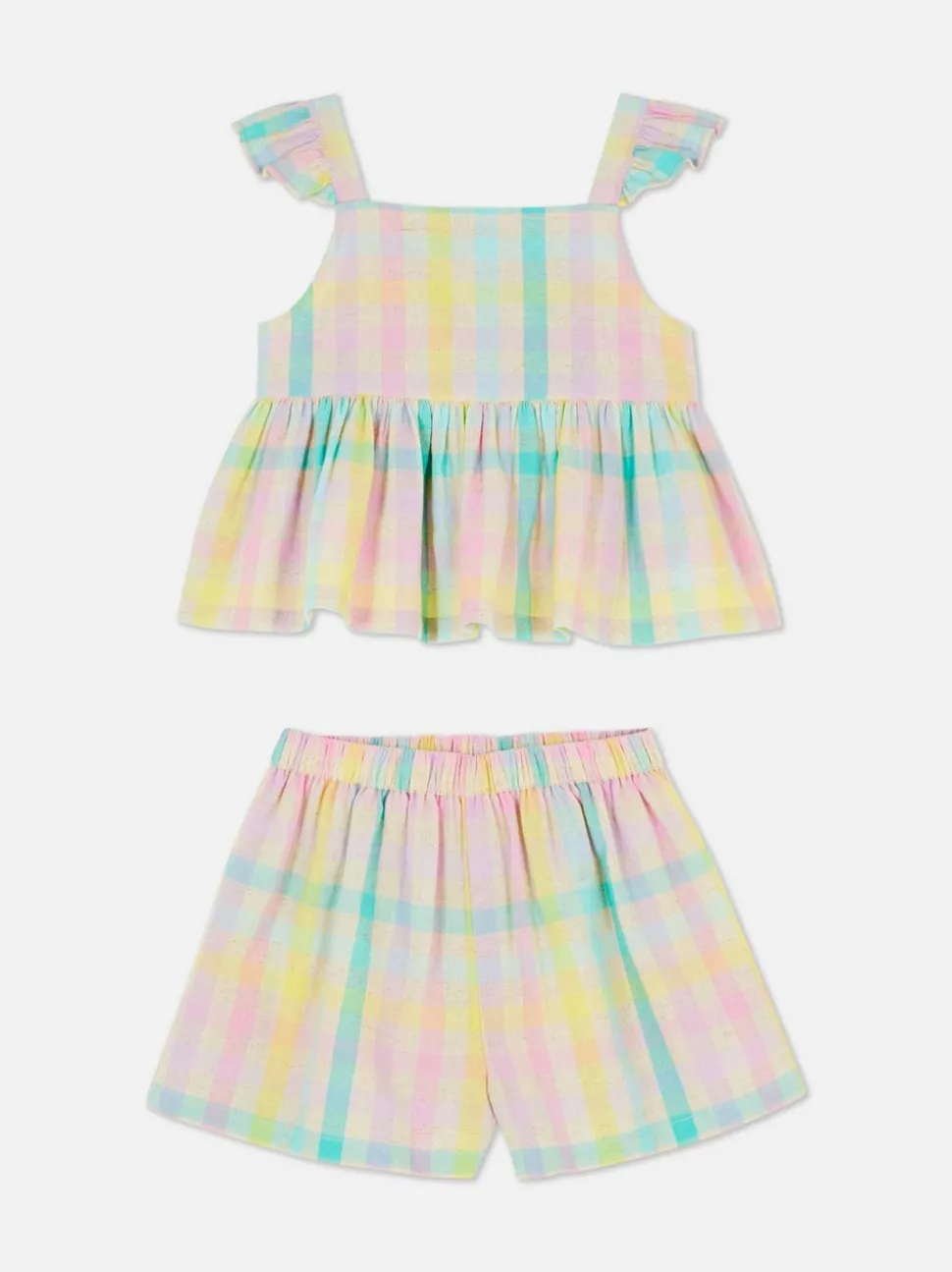 Komplet z bluzką z falbankami i szortami w kratę