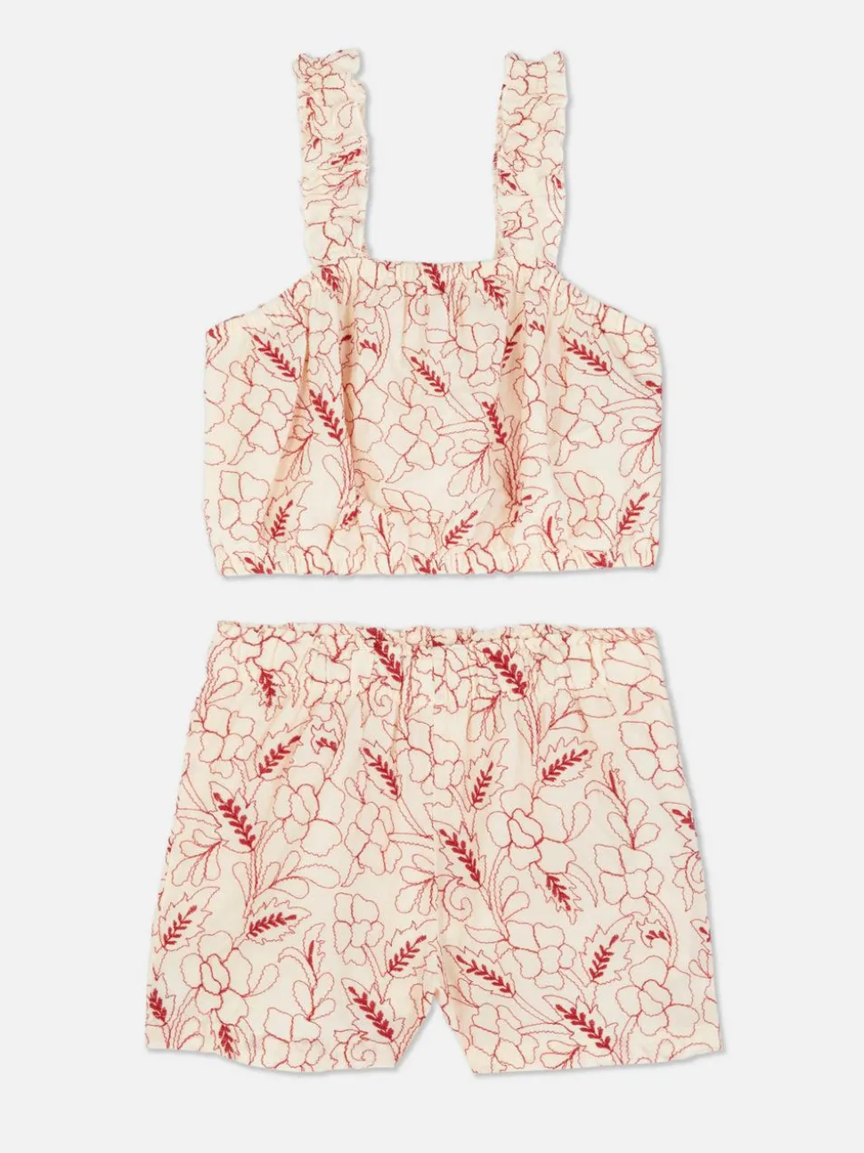 Komplet z topem i szortami z kwiatowym haftem