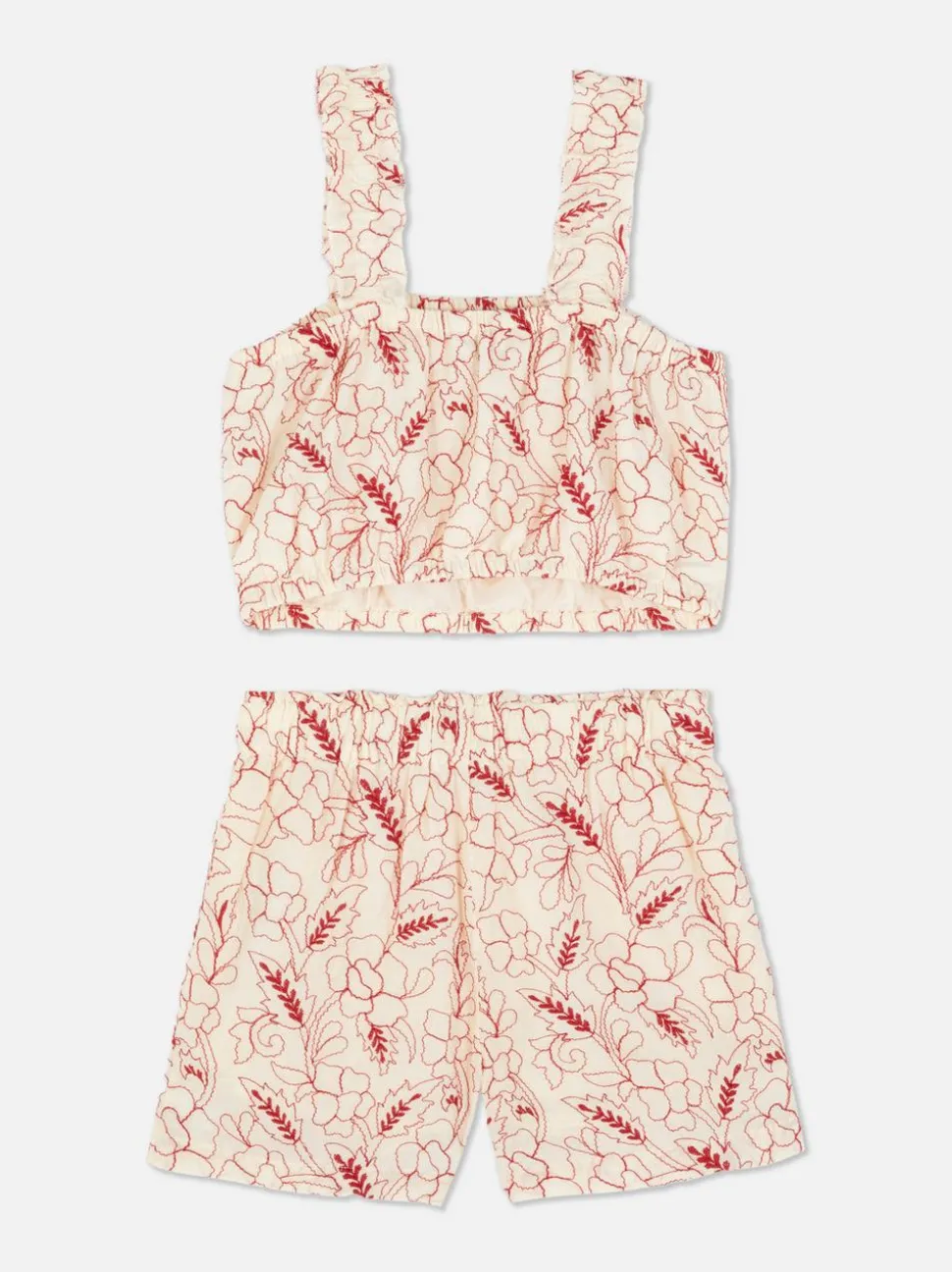 Komplet z topem i szortami z kwiatowym haftem