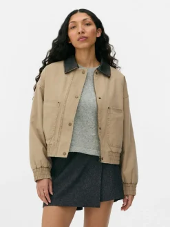 Płócienna kurtka ze sztucznej skóry z kołnierzem