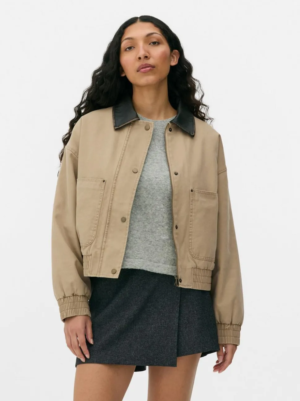 Płócienna kurtka ze sztucznej skóry z kołnierzem