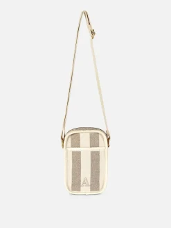 Płócienny pokrowiec na telefon w paski i z inicjałem