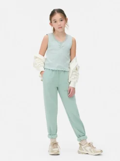 Prążkowana koszulka bez rękawów wykończona koronką