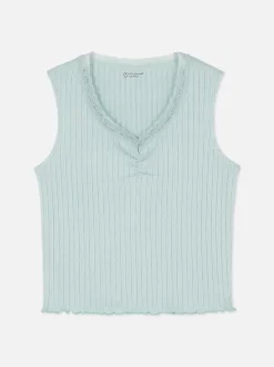 Prążkowana koszulka bez rękawów wykończona koronką