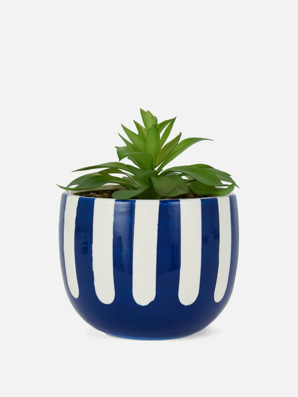 Sztuczny sukulent w pasiastej doniczce