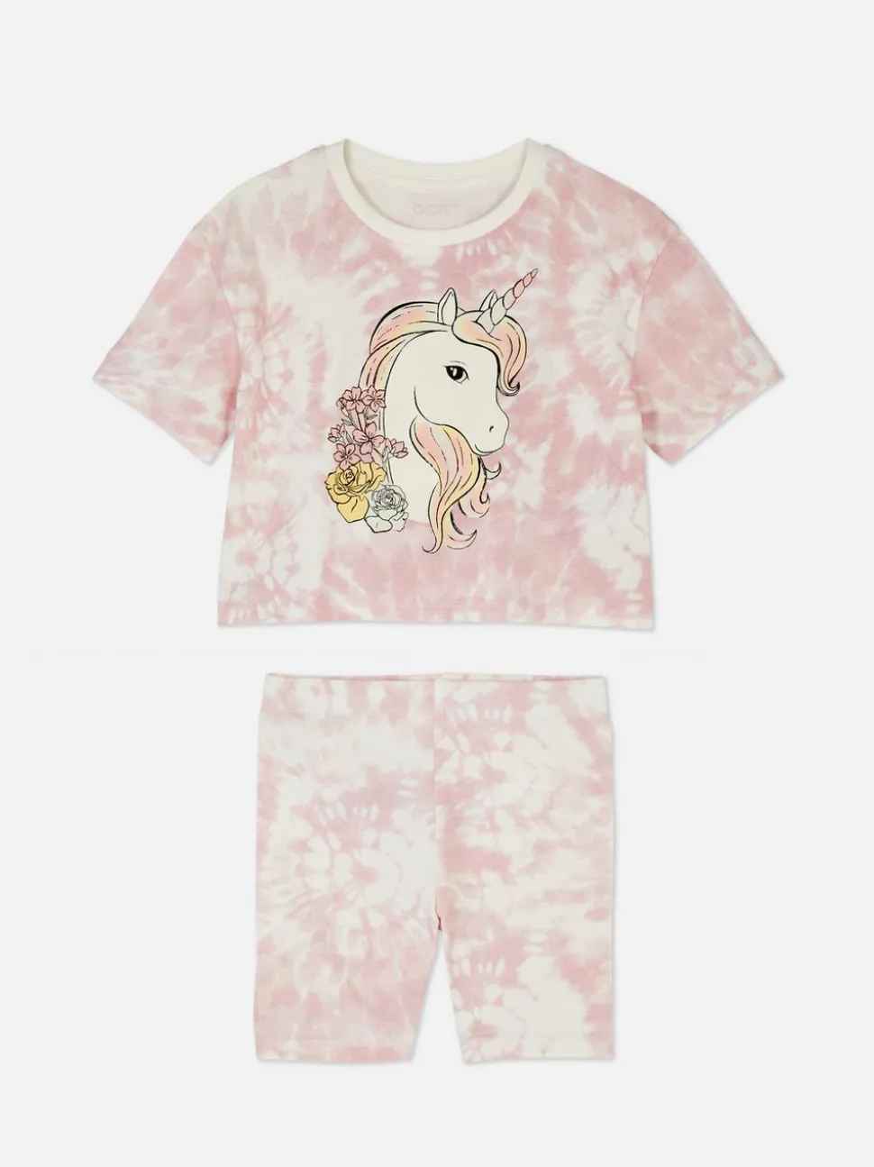 T-shirt i szorty ze wzorem tie-dye i jednorożcem