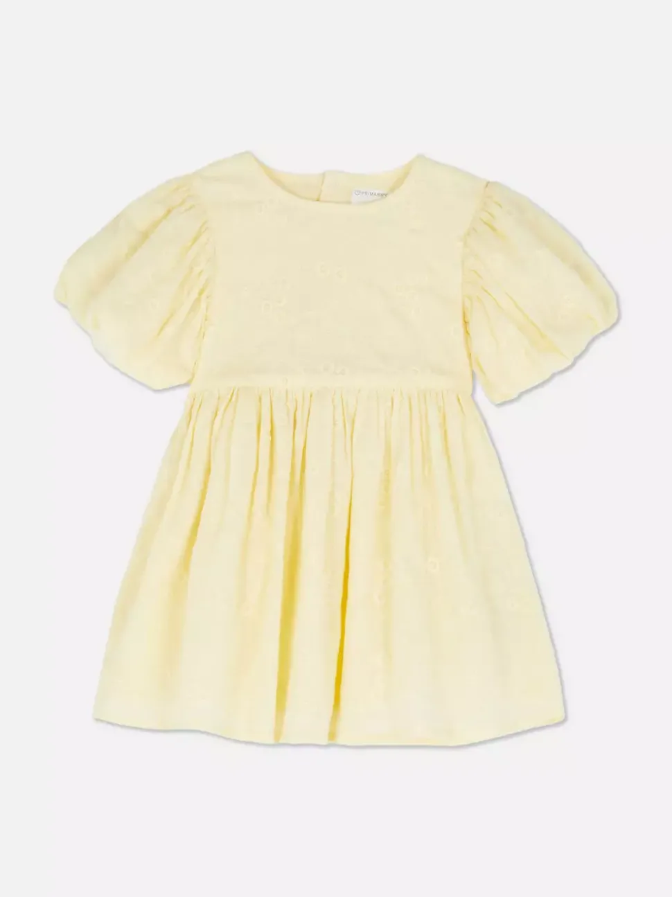 Haftowana sukienka z bufiastymi rękawami i falbanką