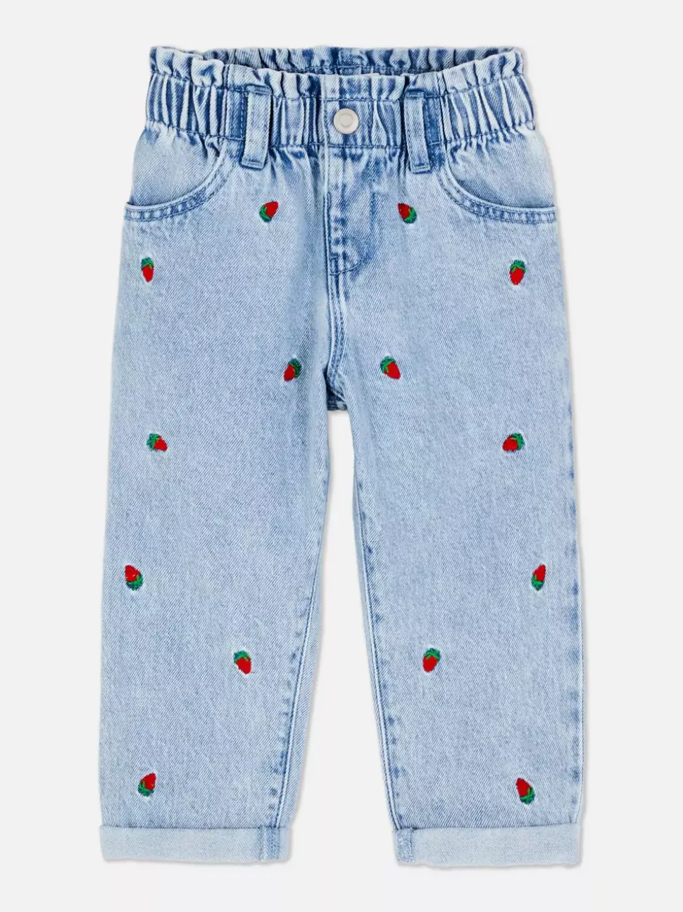 Jeansy z haftem w truskawki