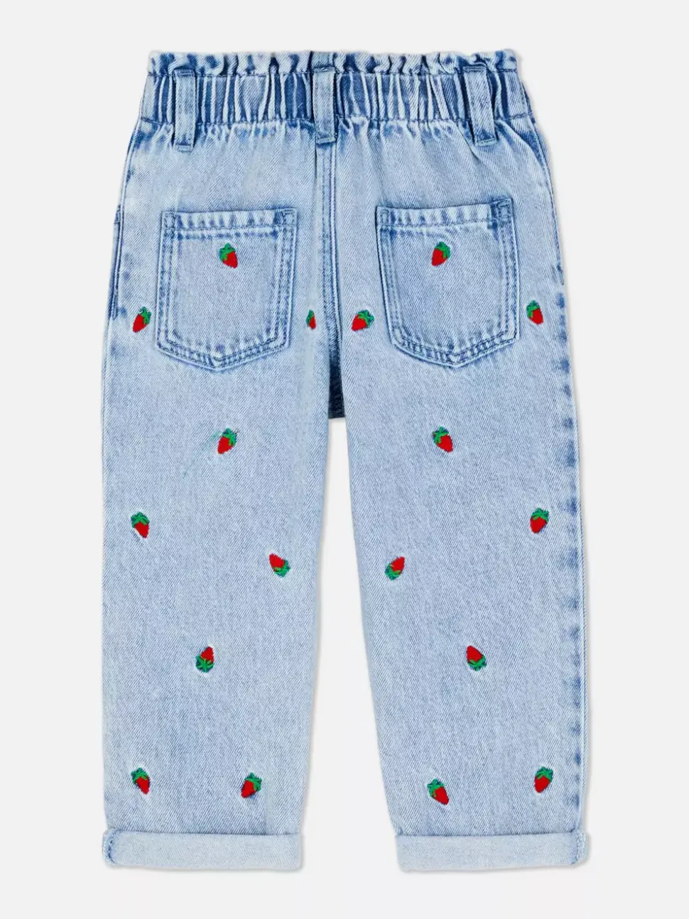Jeansy z haftem w truskawki