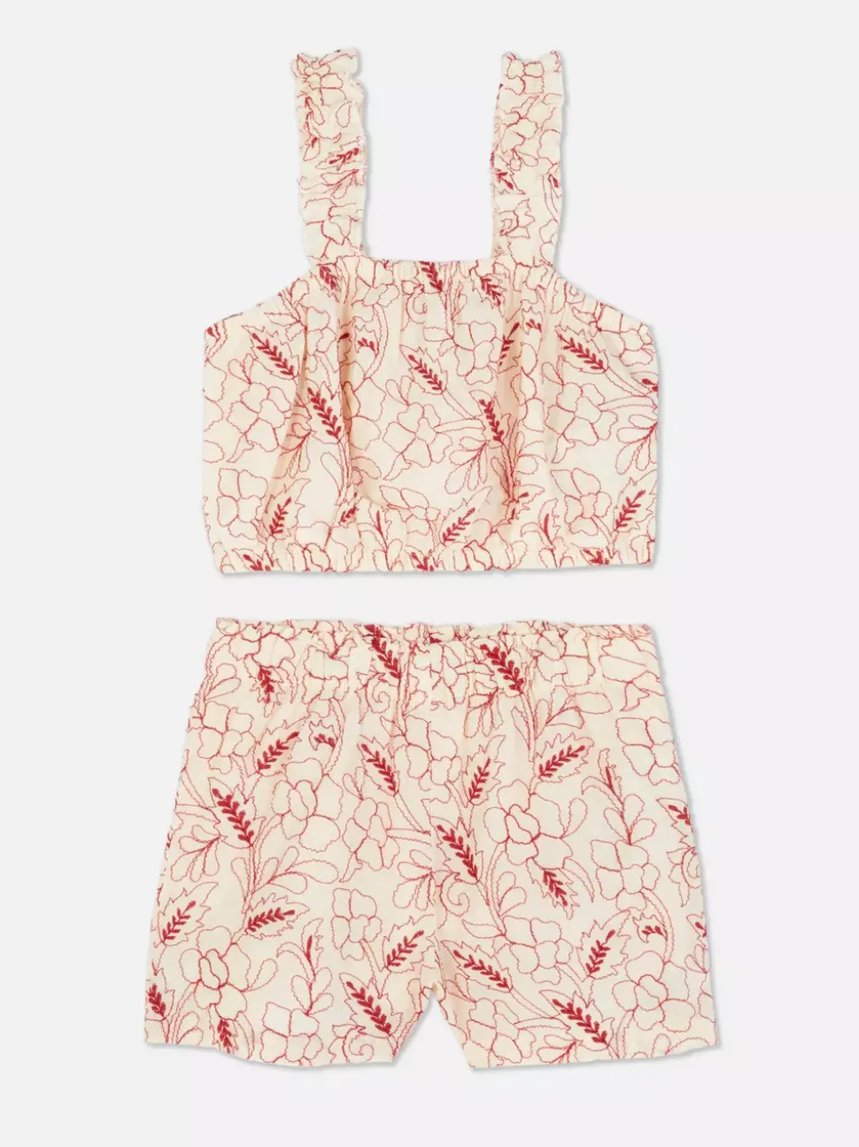 Komplet z topem i szortami z kwiatowym haftem