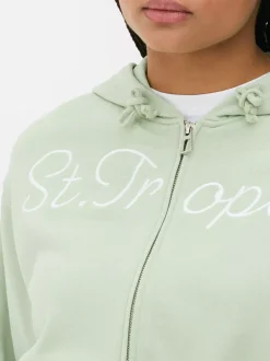 Krótka rozpinana bluza z kapturem i nadrukiem