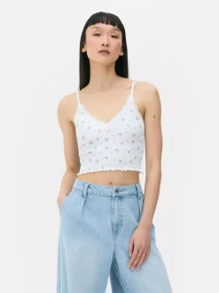 Prążkowany top na ramiączkach z koronką