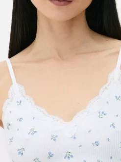 Prążkowany top na ramiączkach z koronką