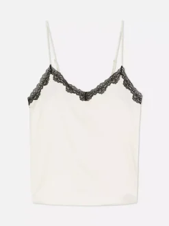 Satynowy top od piżamy na ramiączkach z koronką