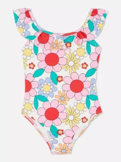 Strój kąpielowy z falbanką i kwiatowym wzorem