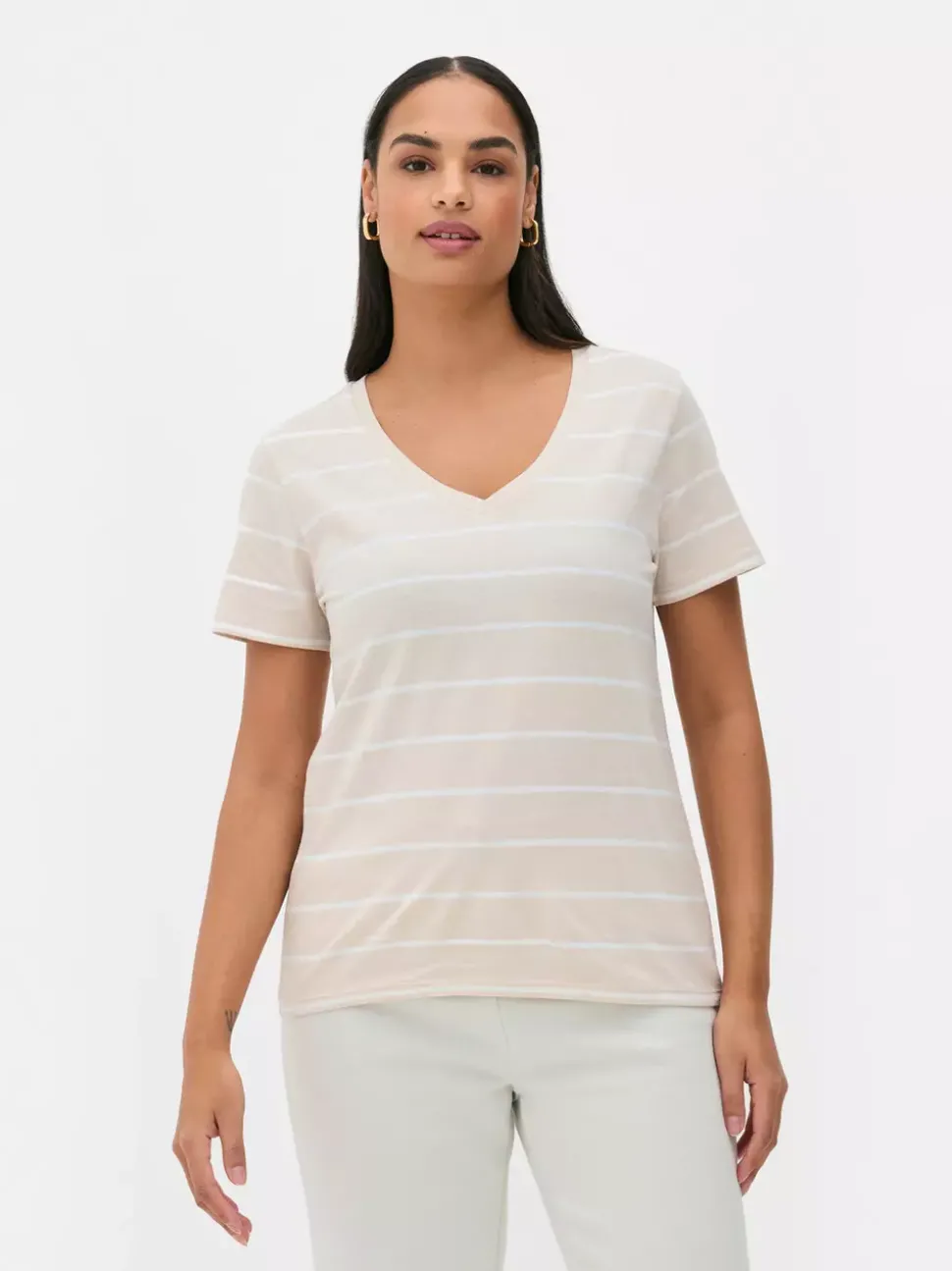 T-shirt w paski z dekoltem w serek