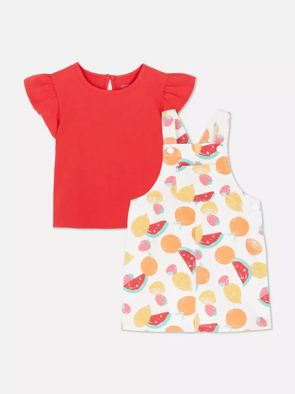 Wzorzysty komplet z sukienką ogrodniczką i topem